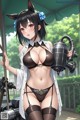 A woman in lingerie holding a vacuum cleaner.